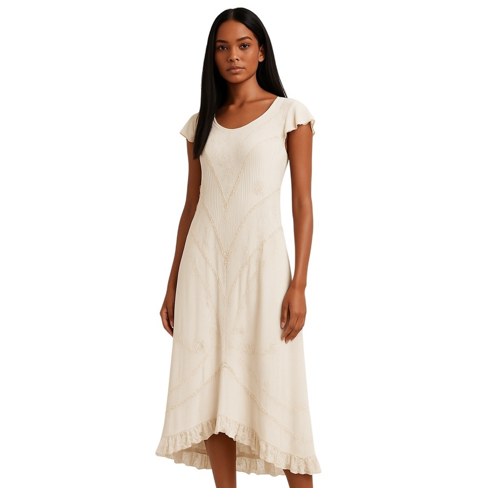 VINTAGE 90s/00s Embroidered‎ Cream Flutter Sleeve Maxi Dress Boho Size TBD